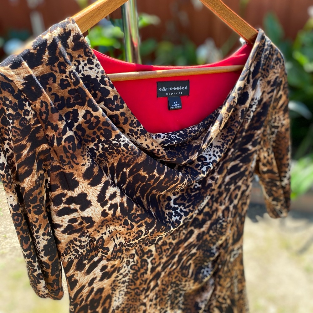 NWT Cheetah Print Party Dress 3/4 Sleeves Gathered Bodice - Petite